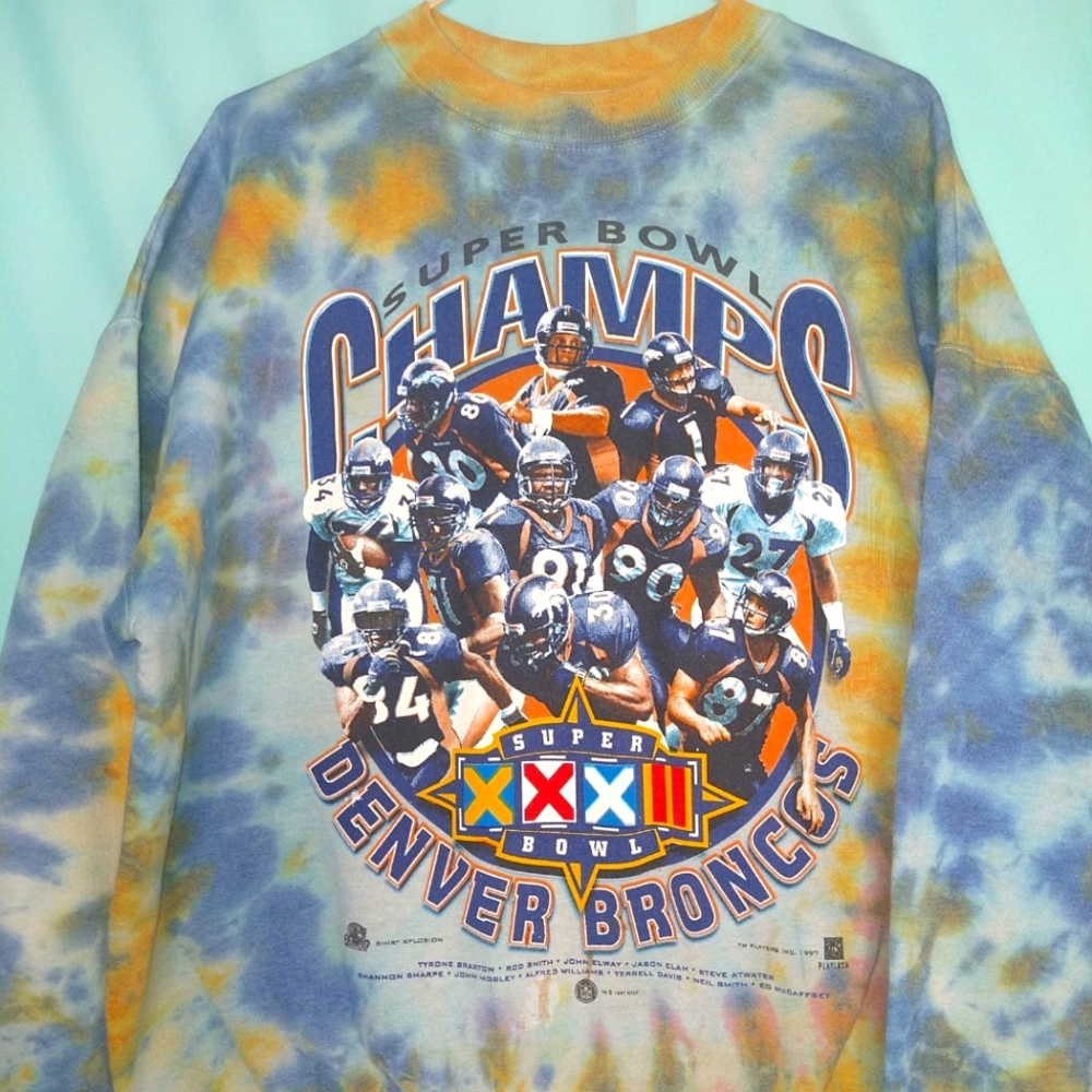 Vintage Denver Broncos 1997 tie-dye graphic sweatshirt Super Bowl Champion